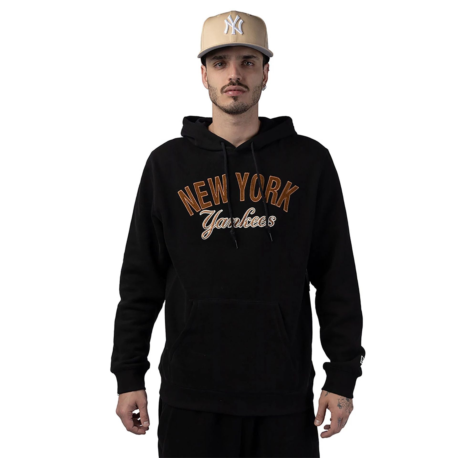 The Male model is wearing New York Yankees MLB Cord Black Pullover Hoodie 1