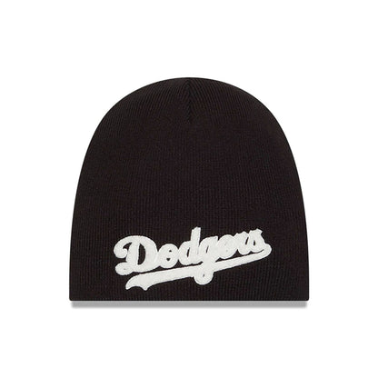 This is a LA Dodgers Chenille Script Black Thin Knit Beanie Hat 1