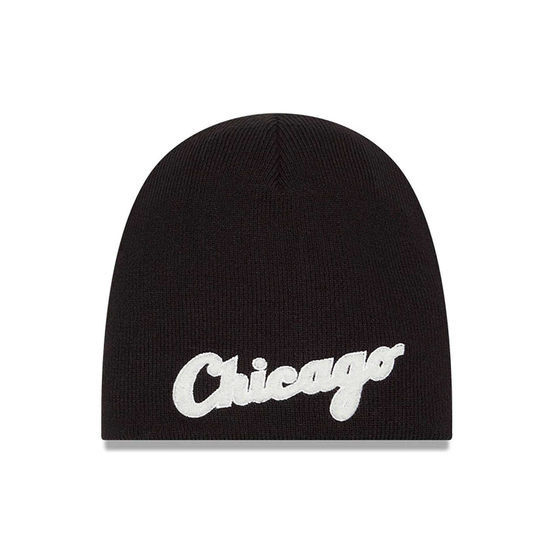 This is a Chicago White Sox Chenille Script Black Thin Knit Beanie Hat 2