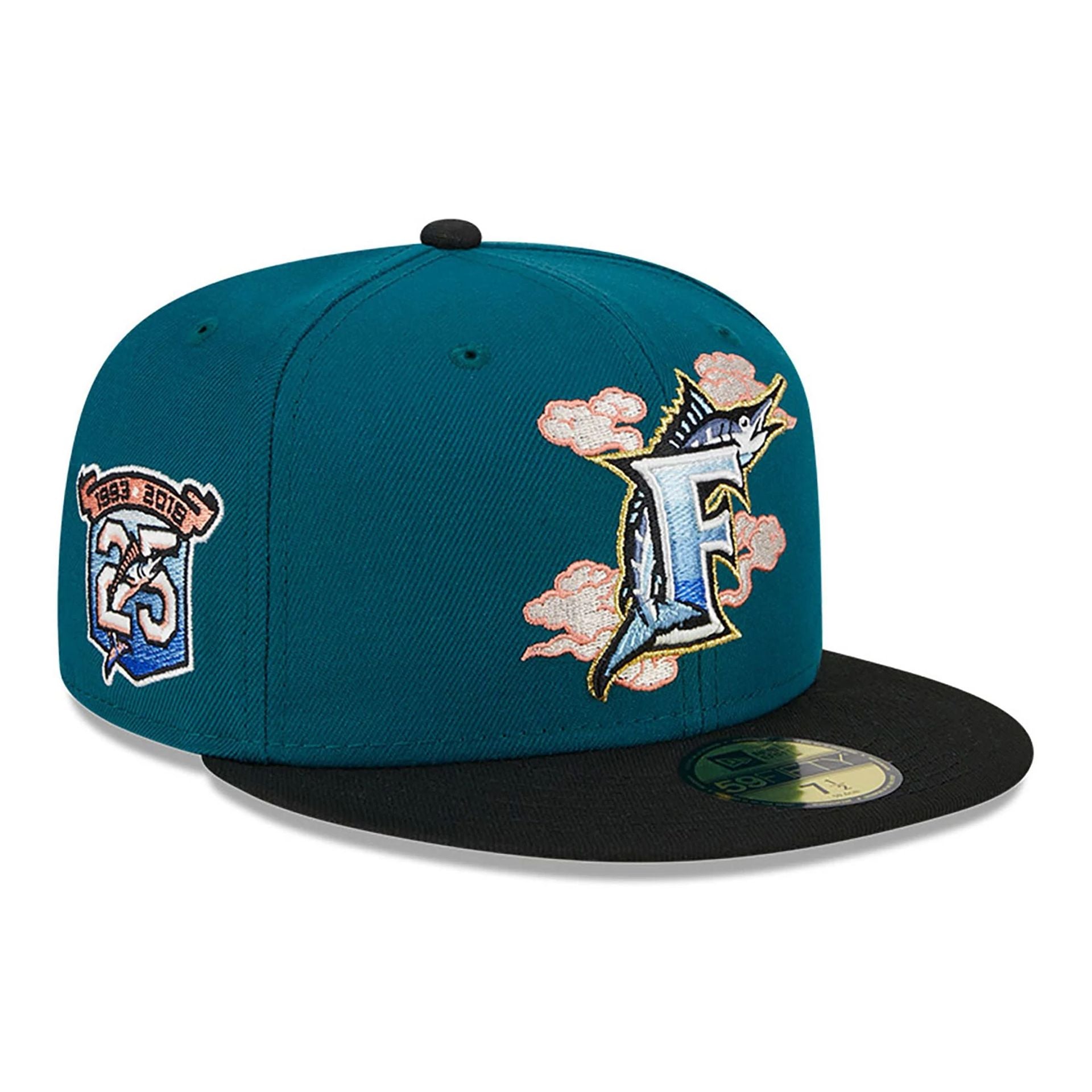 This is a Miami Marlins Cloud Spiral Dark Green 59FIFTY Fitted Cap 1