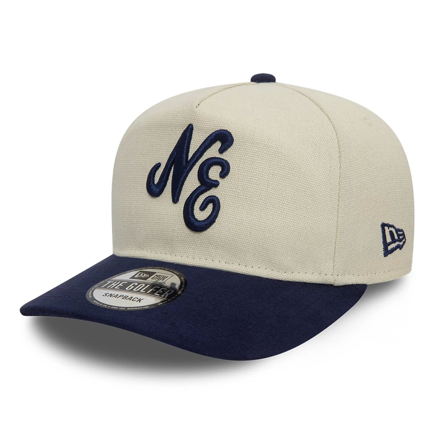 This is a New Era Two Tone Light Beige and Navy Golfer Cap 1