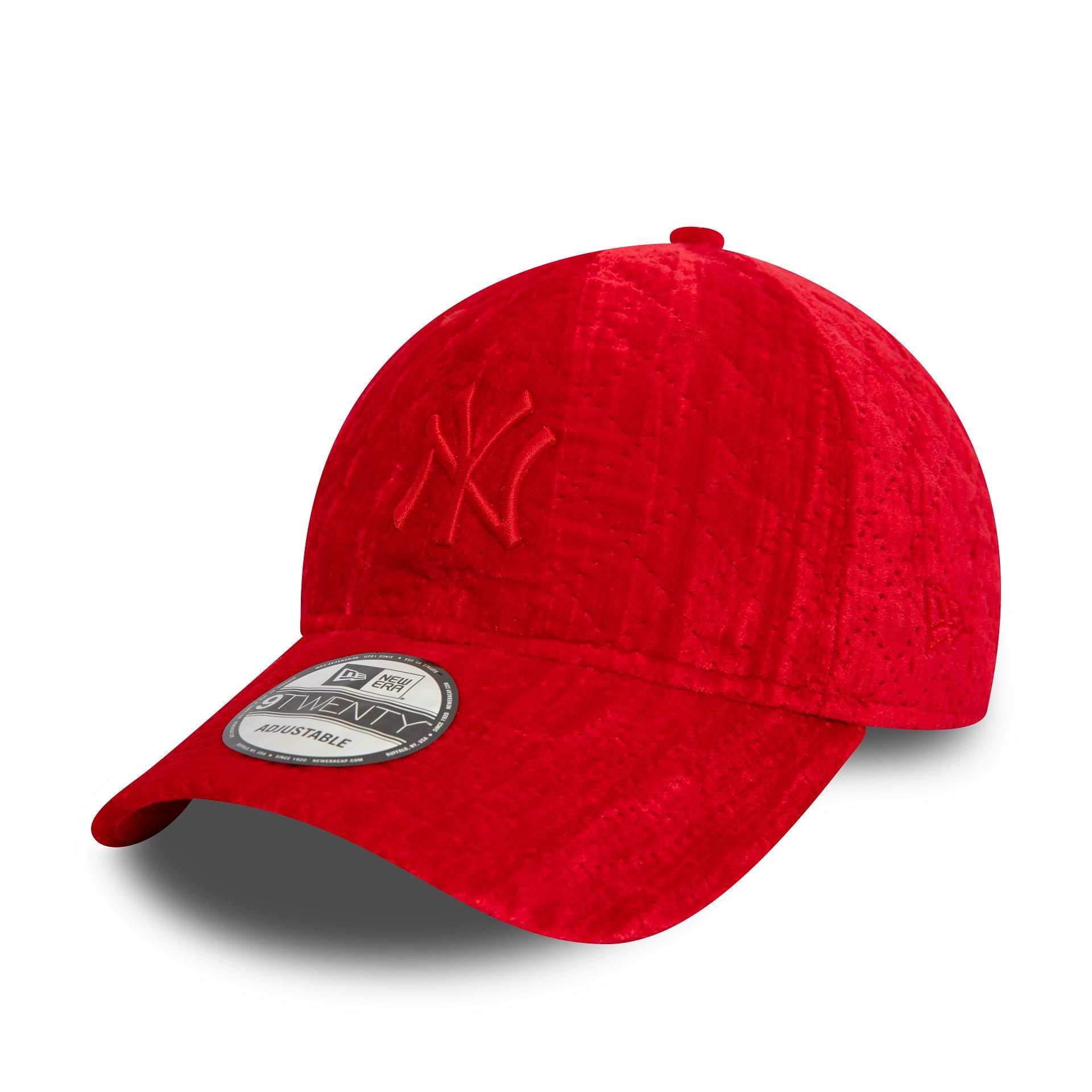 This is a New York Yankees Quilted Velvet Red 9TWENTY Adjustable Cap 1