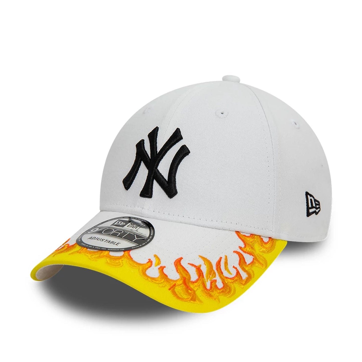 This is a New York Yankees MLB Flame Visor White 9FORTY Adjustable Cap 1