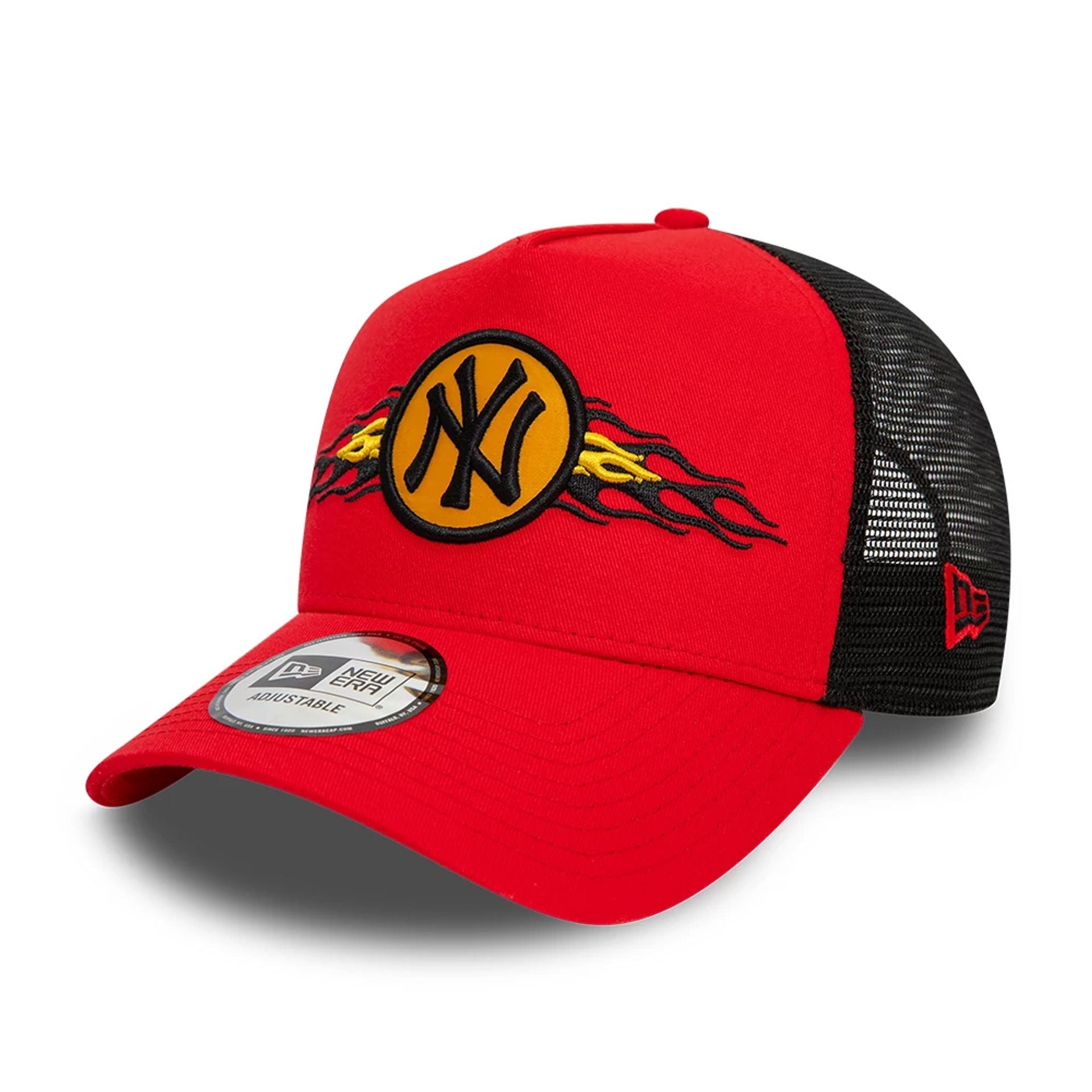 This is a New York Yankees MLB Flame Red 9FORTY A-Frame Trucker Cap 1