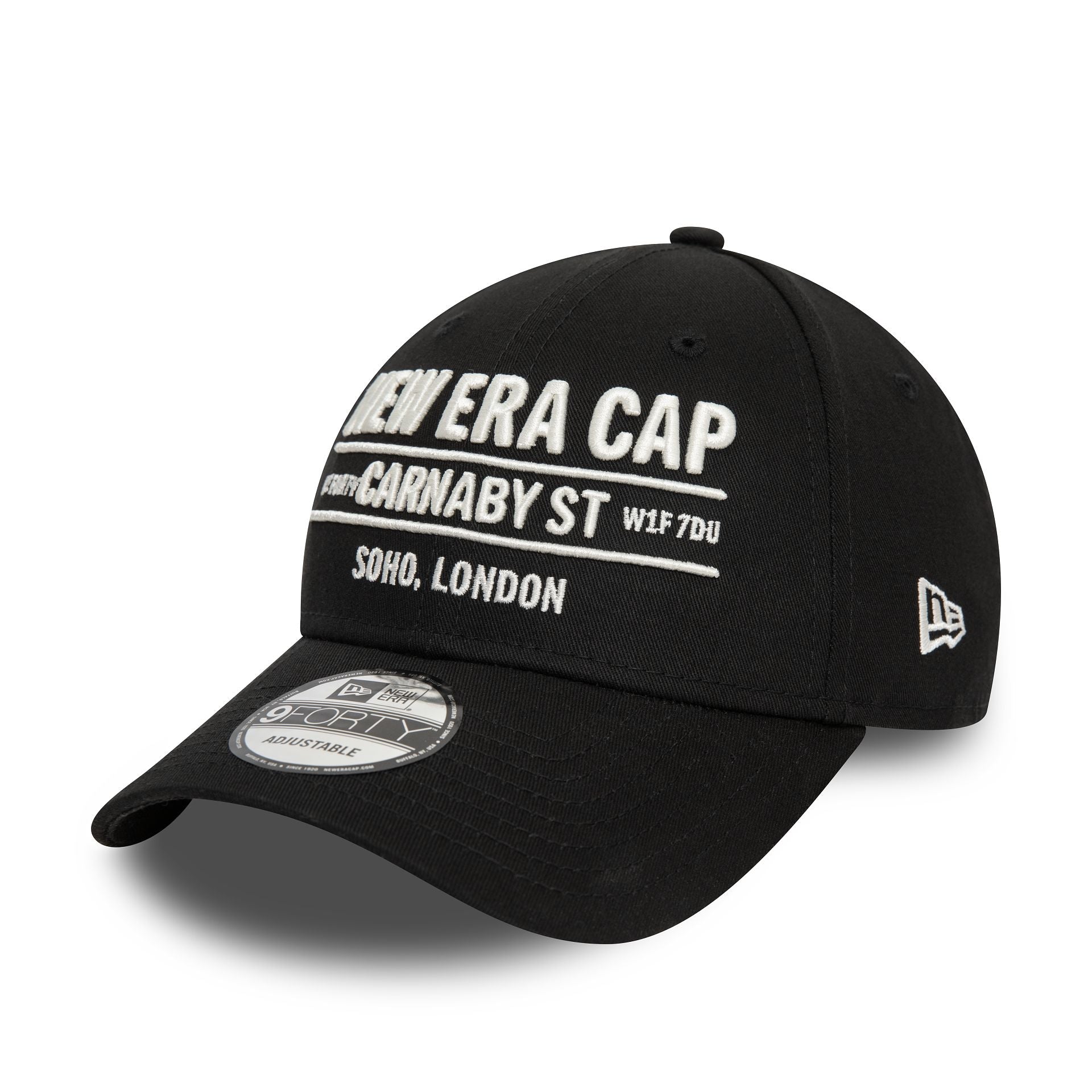 This is a New Era Carnaby Address Black 9FORTY Adjustable Cap 1