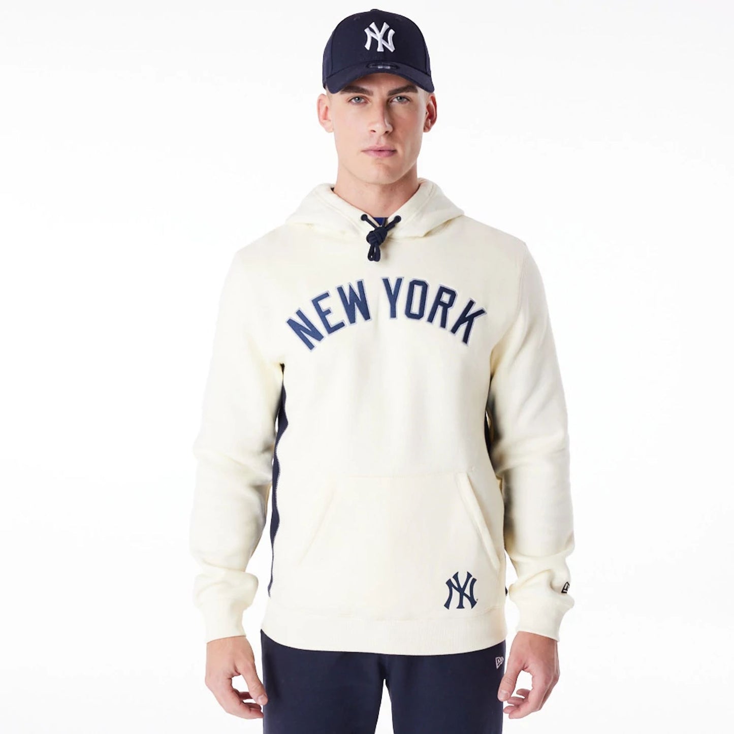 The Male model is wearing New York Yankees MLB Chrome White Pullover Hoodie 7