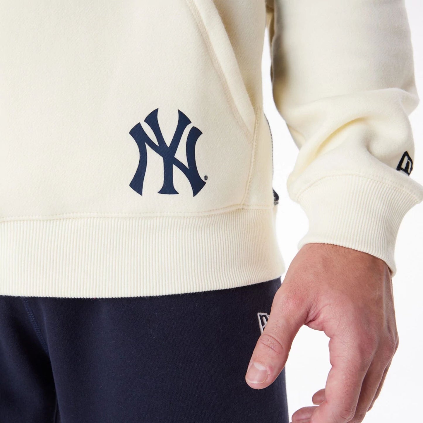 The Male model is wearing New York Yankees MLB Chrome White Pullover Hoodie 5