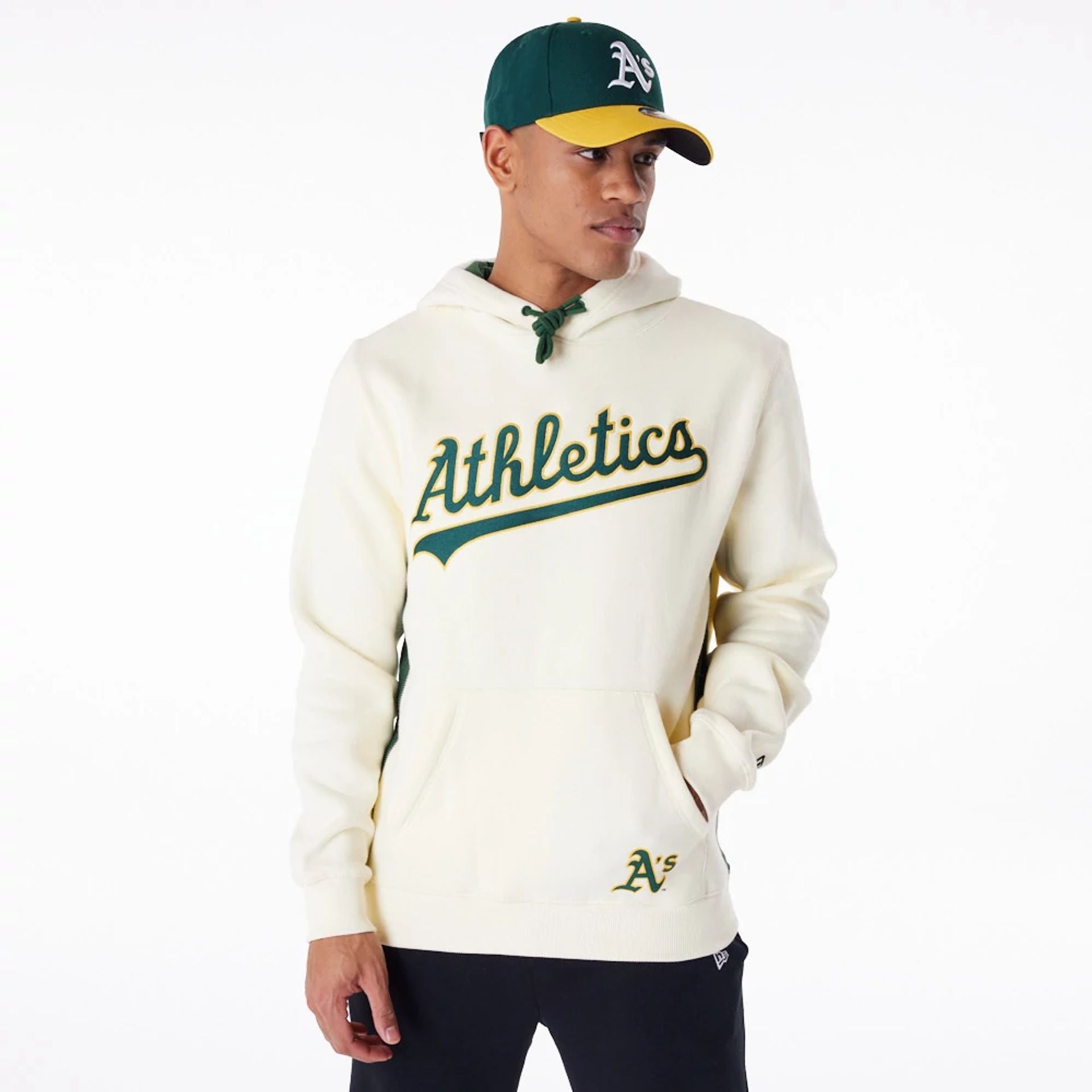 The Male model is wearing Oakland Athletics MLB Chrome White Pullover Hoodie 1