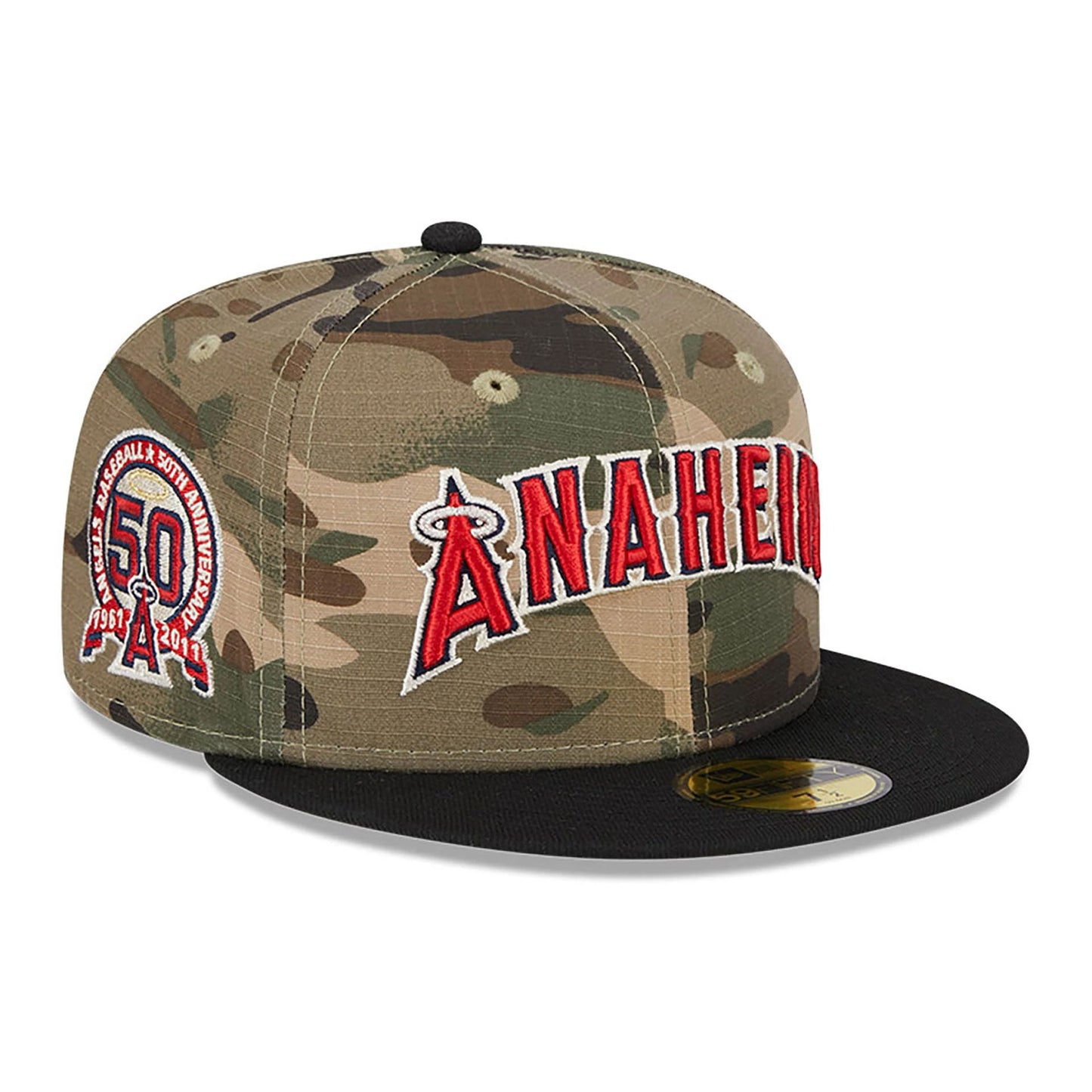 This is a LA Angels Camo Crown All Over Print Green 59FIFTY Fitted Cap 1