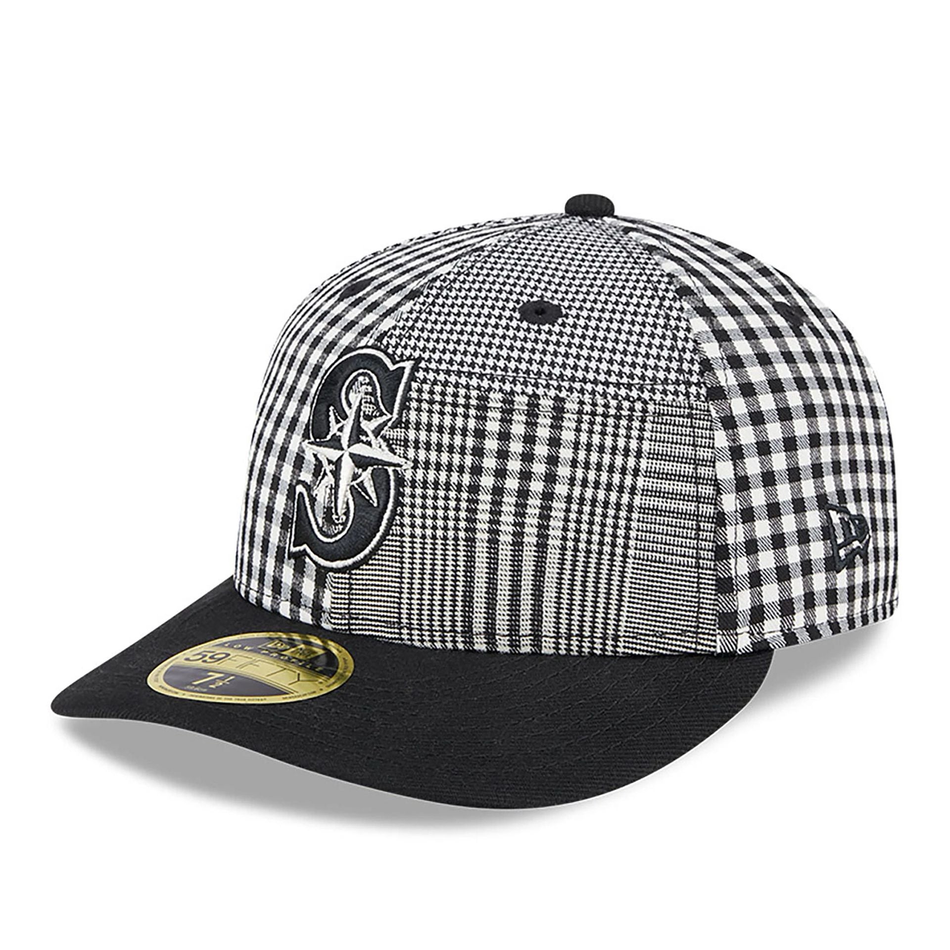 This is a Seattle Mariners Patch Plaid Black Low Profile 59FIFTY Fitted Cap 1