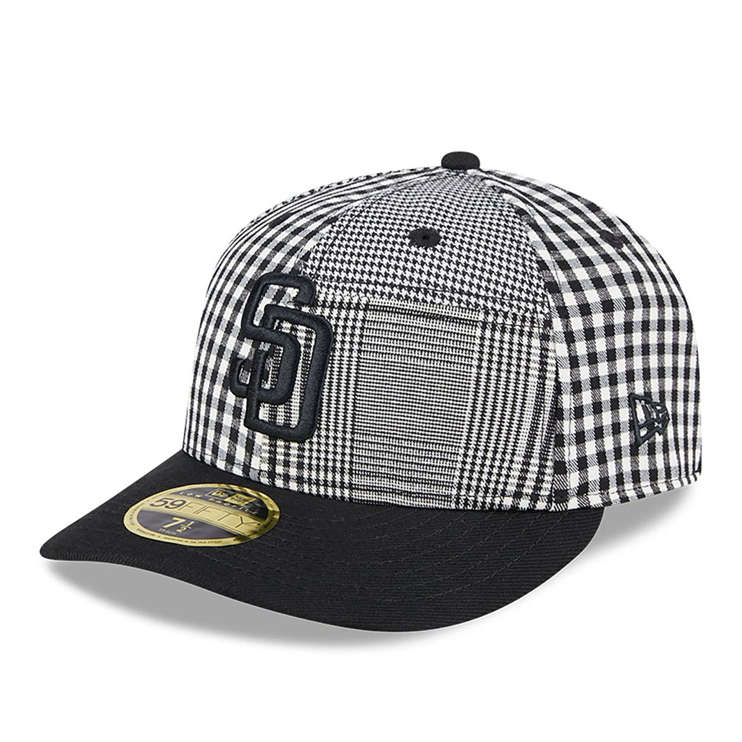 This is a San Diego Padres Patch Plaid Black Low Profile 59FIFTY Fitted Cap 1