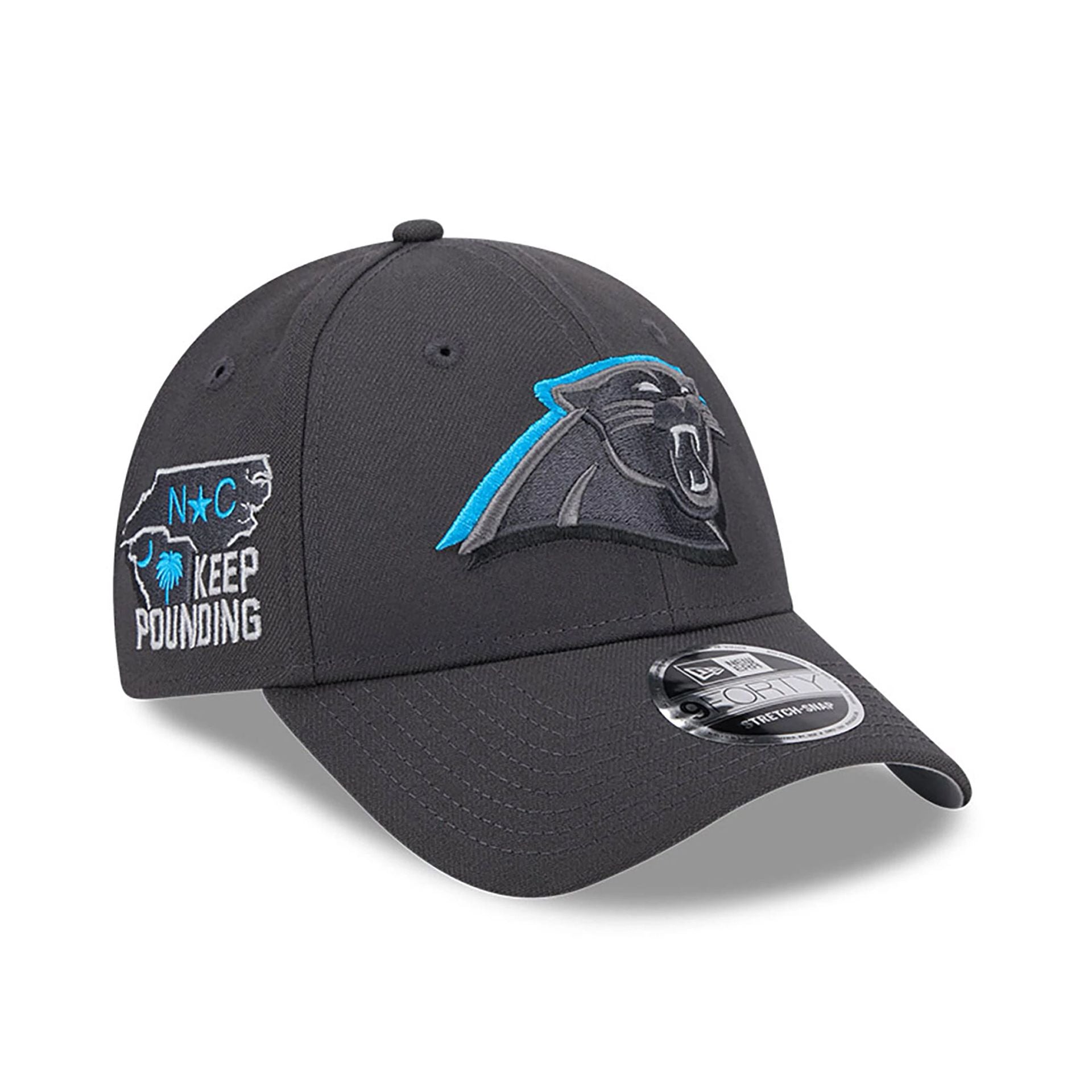 This is a Carolina Panthers NFL Draft 2024 Dark Grey 9FORTY Stretch-Snap Cap 1