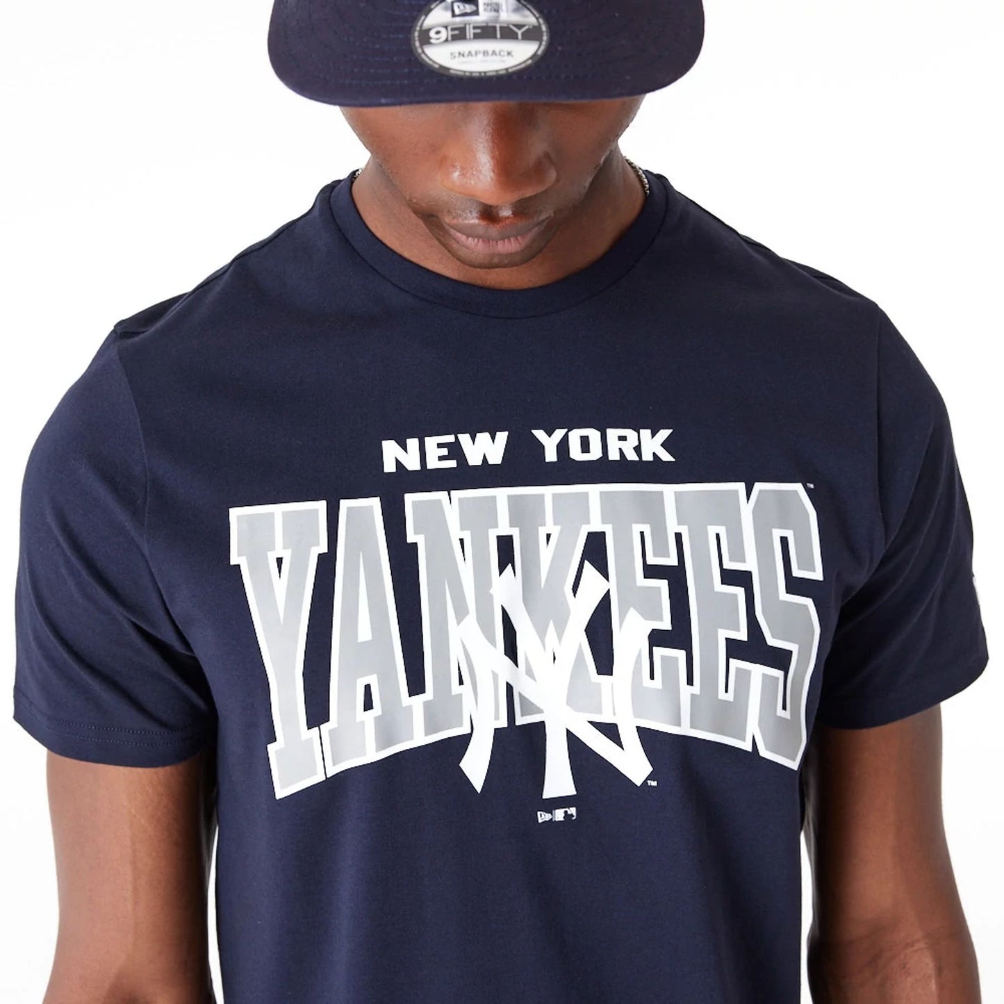 The Male model is wearing New York Yankees MLB Arch Wordmark Graphic Navy T-Shirt 5