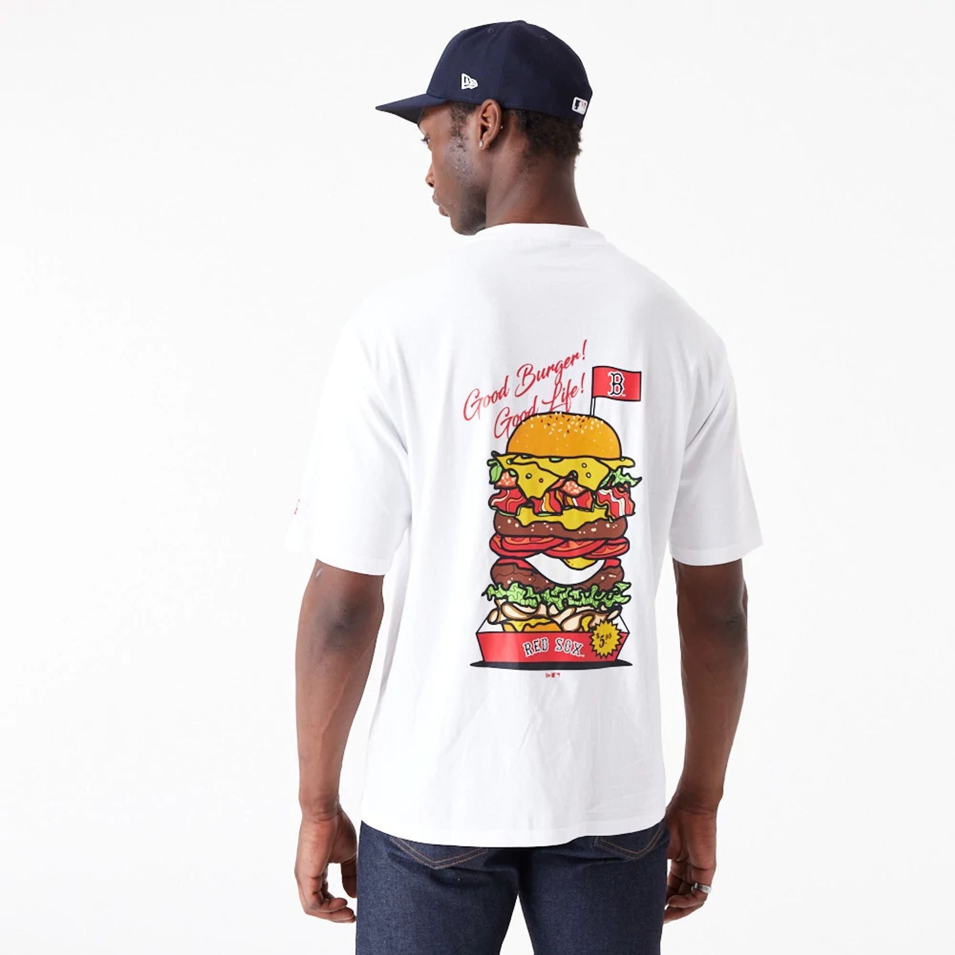 The Male model is wearing Boston Red Sox MLB Burger Graphic White Oversized T-Shirt 8