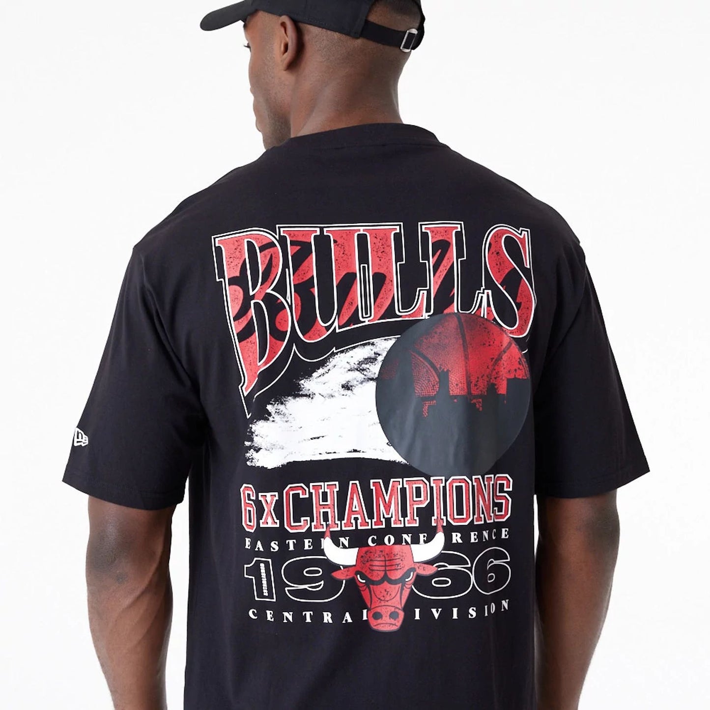 The Male model is wearing Chicago Bulls NBA Championship Black Oversized T-Shirt 6