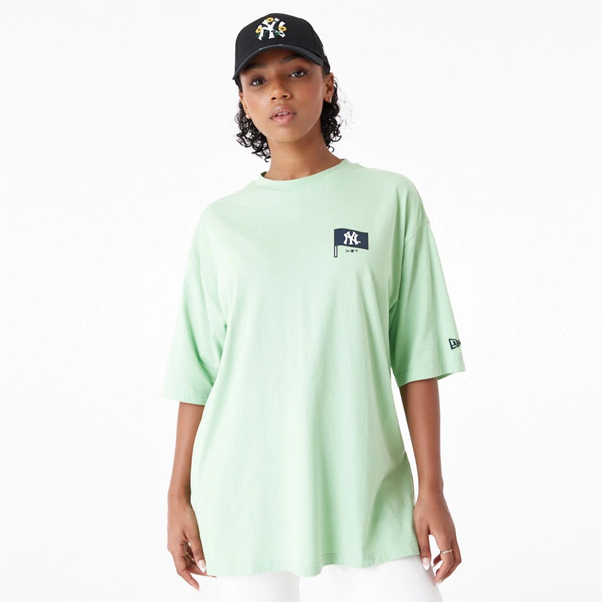 The Male model is wearing New York Yankees MLB Burger Graphic Bright Green Oversized T-Shirt 2