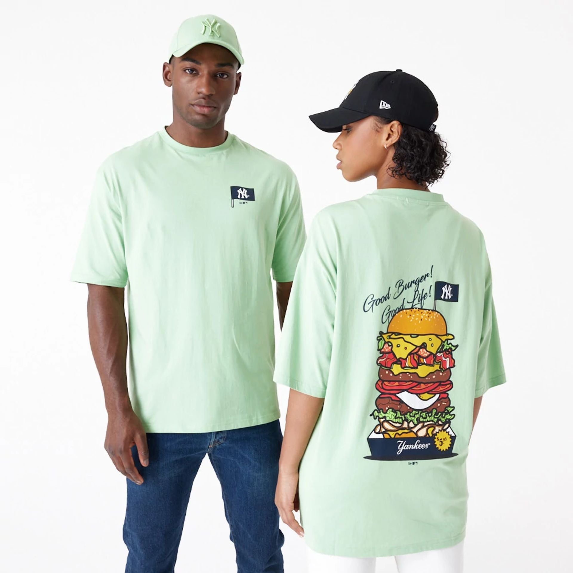 The Male model is wearing New York Yankees MLB Burger Graphic Bright Green Oversized T-Shirt 1