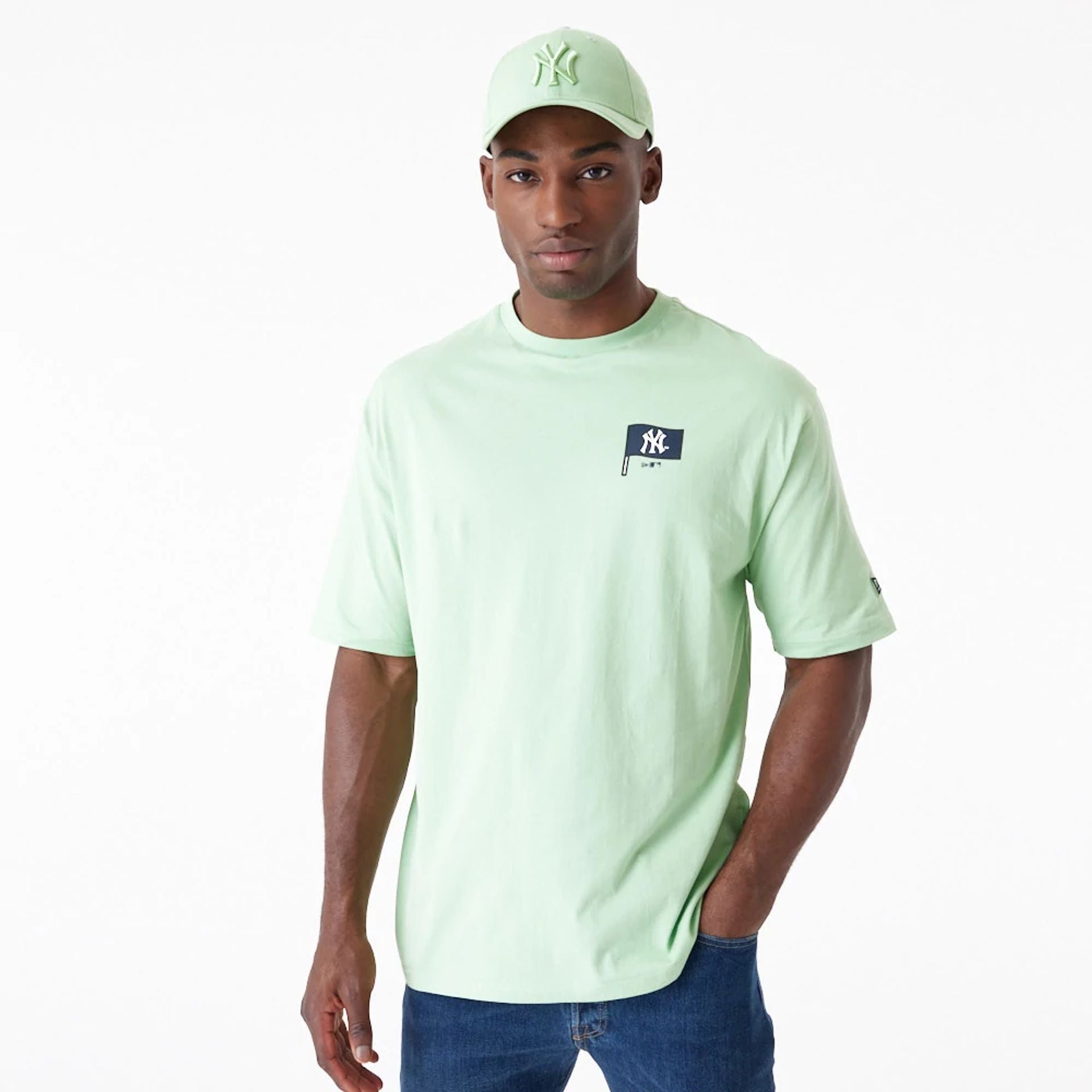 The Male model is wearing New York Yankees MLB Burger Graphic Bright Green Oversized T-Shirt 7