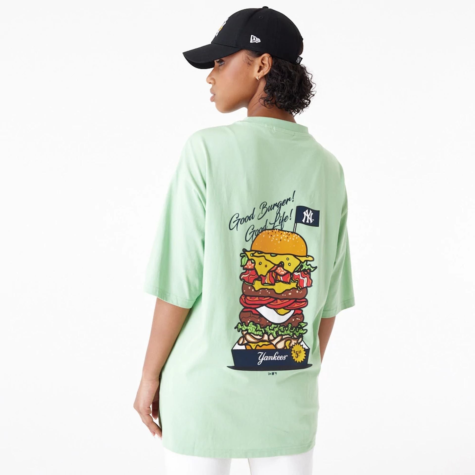 The Male model is wearing New York Yankees MLB Burger Graphic Bright Green Oversized T-Shirt 8