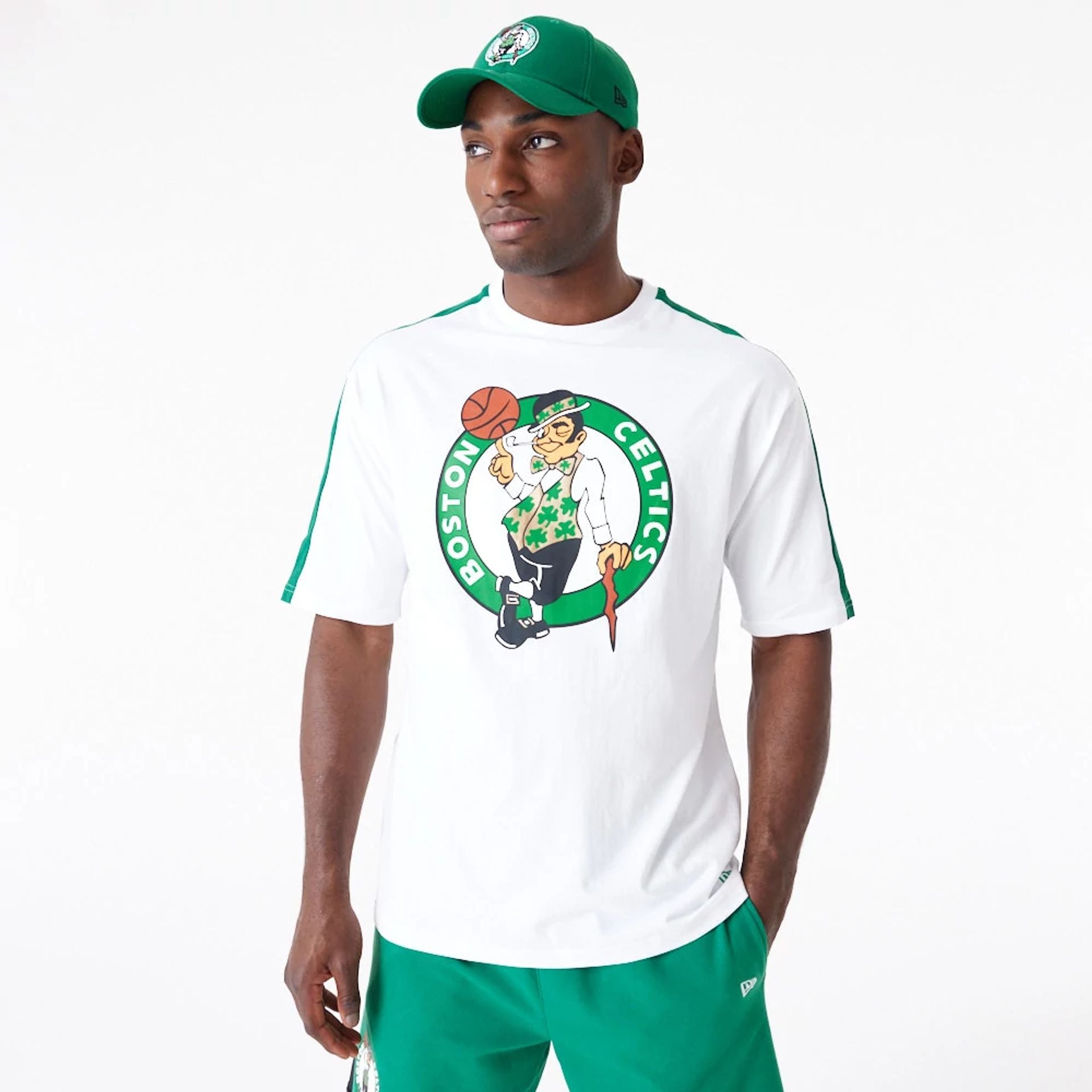 The Male model is wearing Boston Celtics NBA Colour Block White Oversized T-Shirt 1