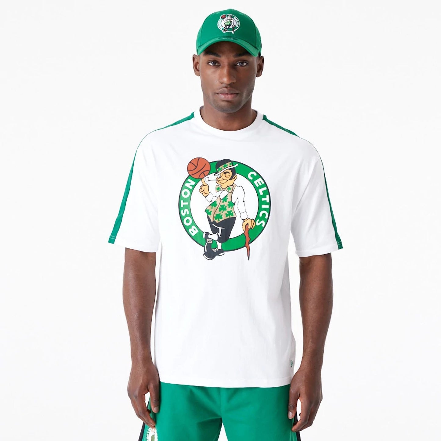 The Male model is wearing Boston Celtics NBA Colour Block White Oversized T-Shirt 7