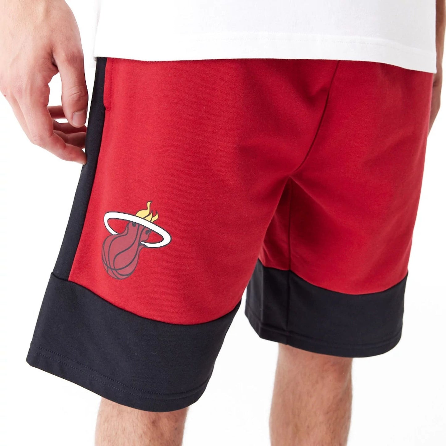 The Male model is wearing Miami Heat NBA Colour Block Dark Red Shorts 4