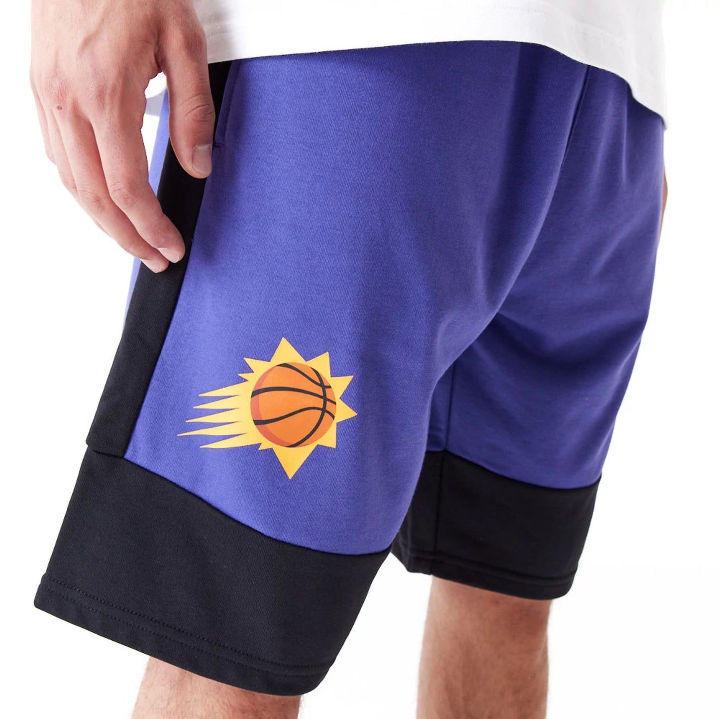 The Male model is wearing Phoenix Suns NBA Colour Block Dark Purple Shorts 4