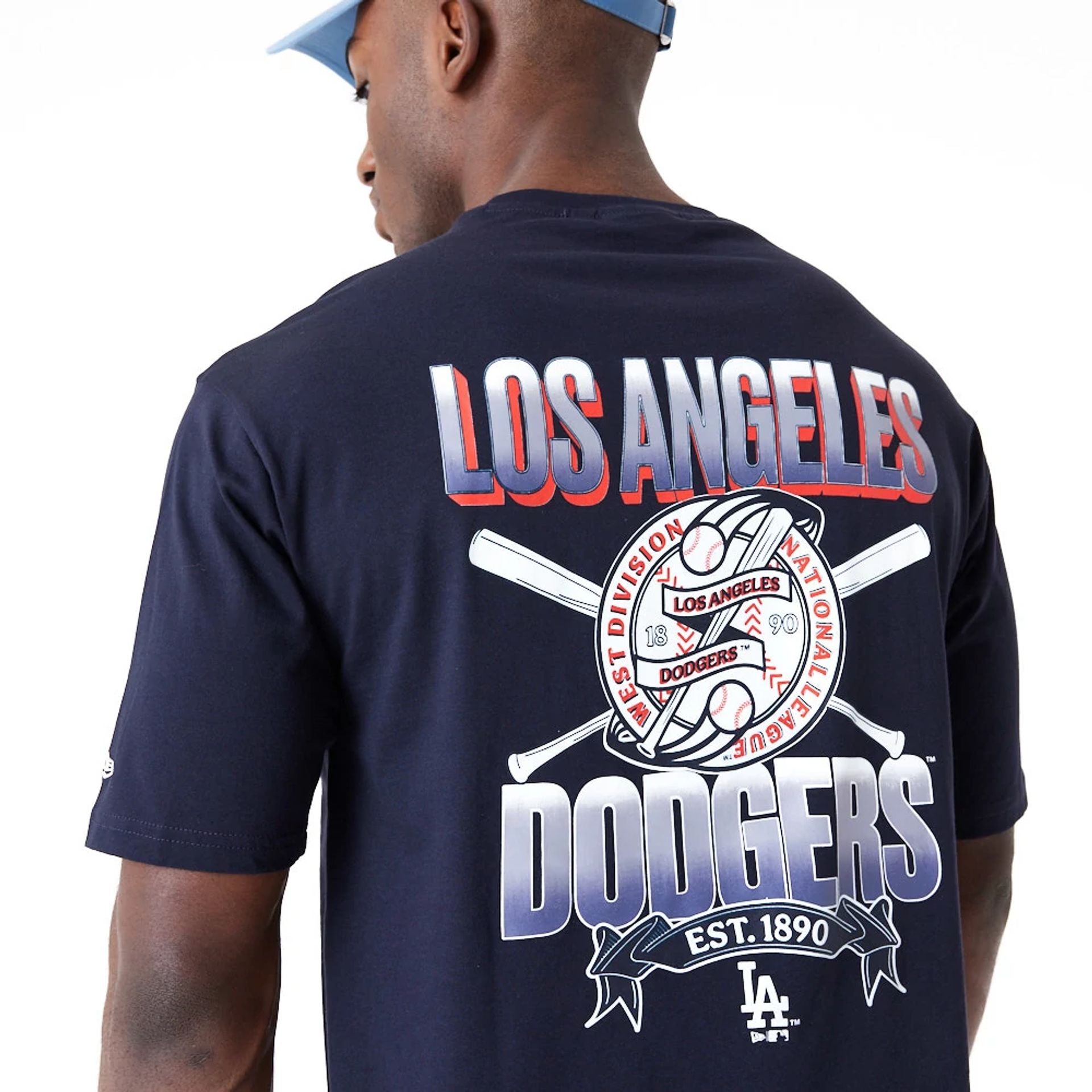 The Male model is wearing LA Dodgers Baseball Graphic Navy Oversized T-Shirt 7