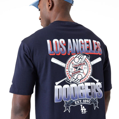 The Male model is wearing LA Dodgers Baseball Graphic Navy Oversized T-Shirt 7