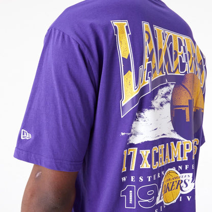 The Male model is wearing LA Lakers NBA Championship Purple Oversized T-Shirt 4