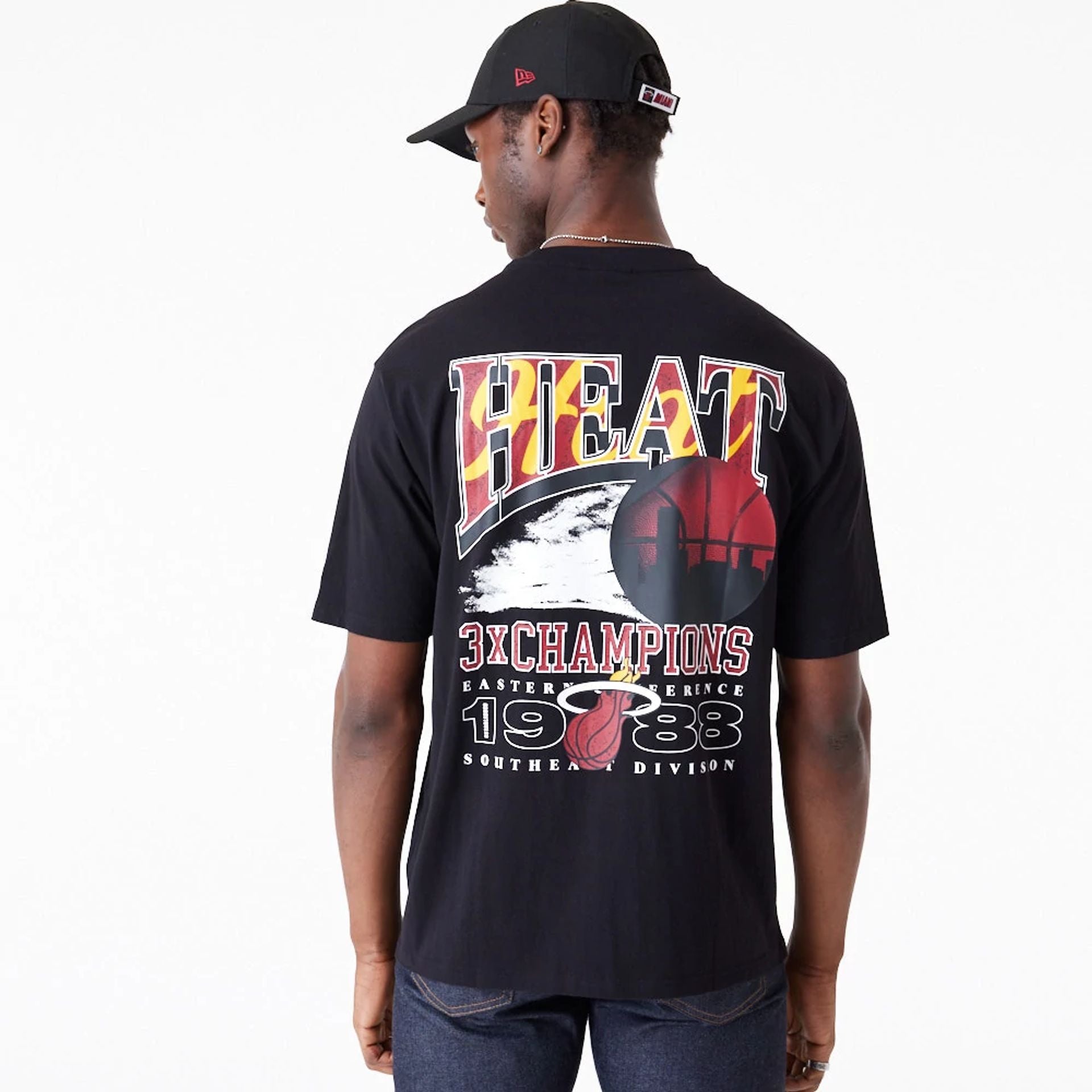 The Male model is wearing Miami Heat NBA Championship Black Oversized T-Shirt 2