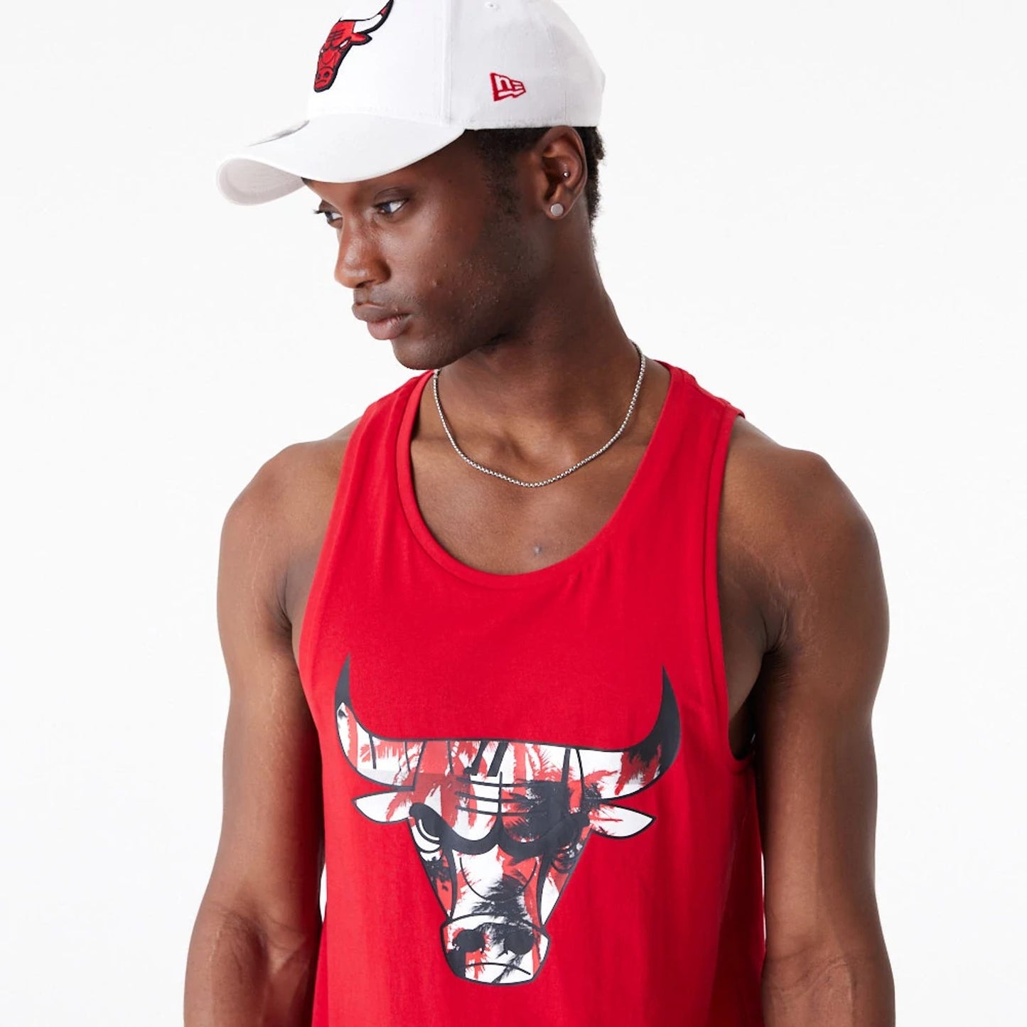 The Male model is wearing Chicago Bulls NBA Palm Tree Infill Red Tank Top 4