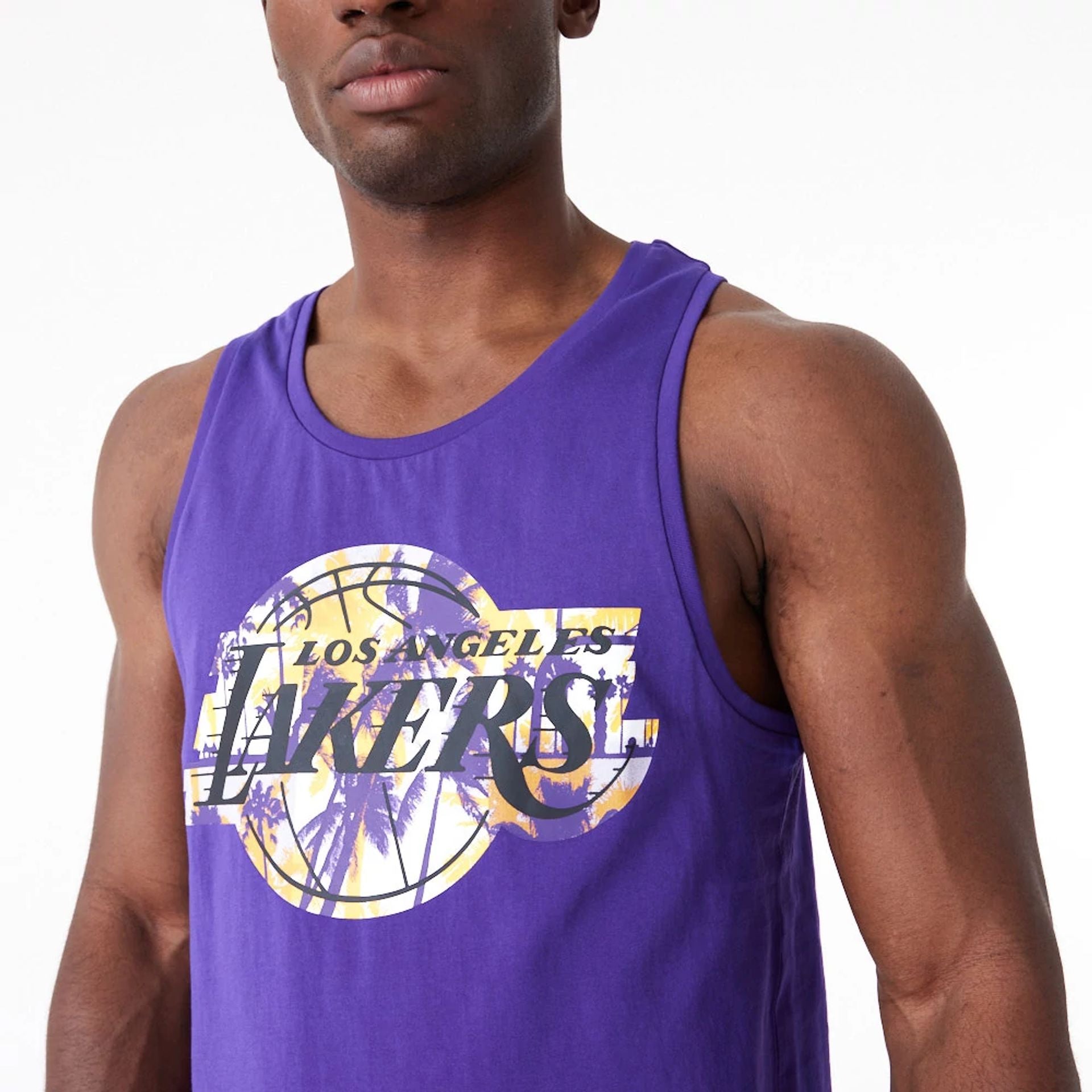 The Male model is wearing LA Lakers NBA Palm Tree Infill Purple Tank Top 5