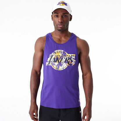 The Male model is wearing LA Lakers NBA Palm Tree Infill Purple Tank Top 4