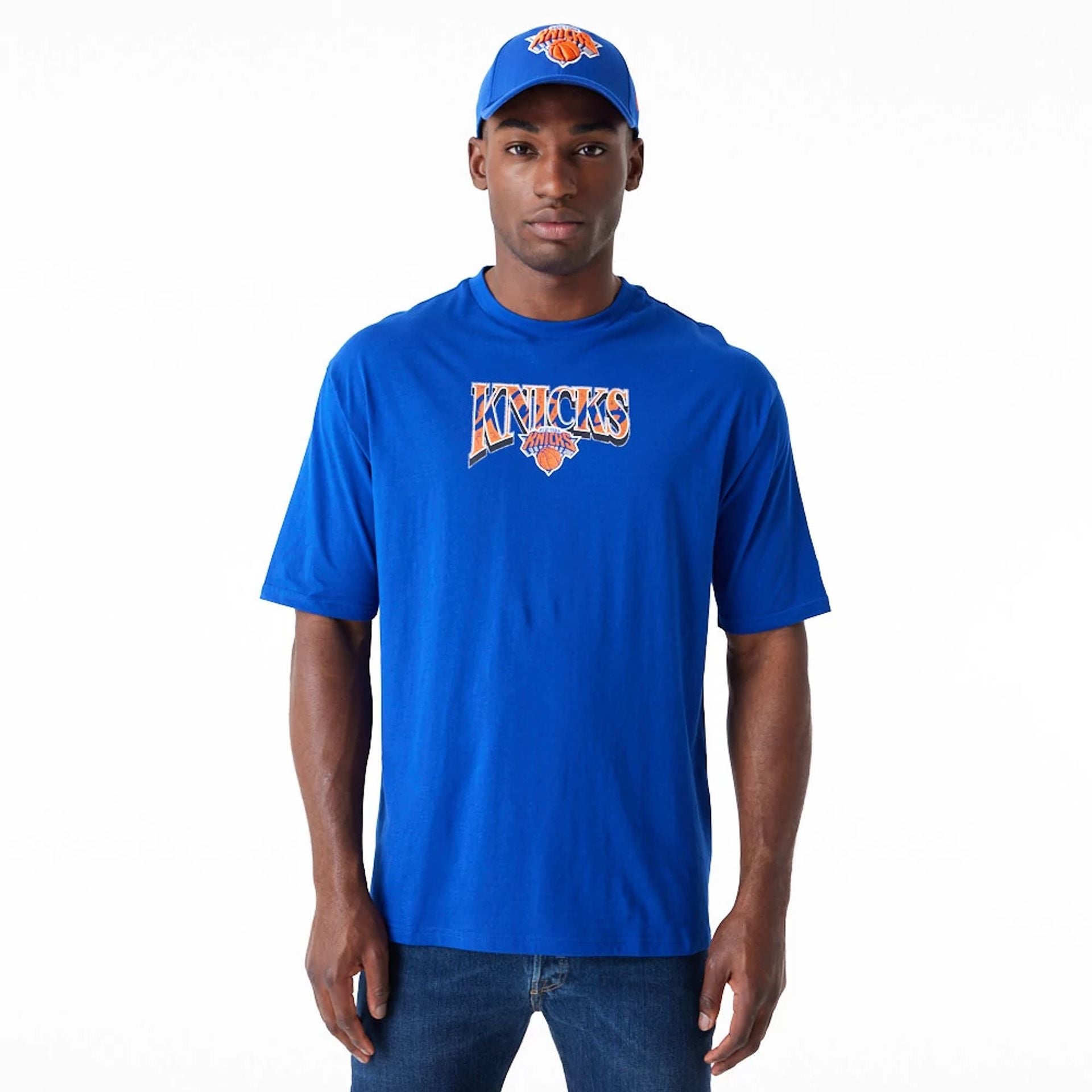 The Male model is wearing New York Knicks NBA Championship Blue Oversized T-Shirt 1