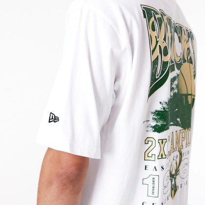 The Male model is wearing Milwaukee Bucks NBA Championship White Oversized T-Shirt 3