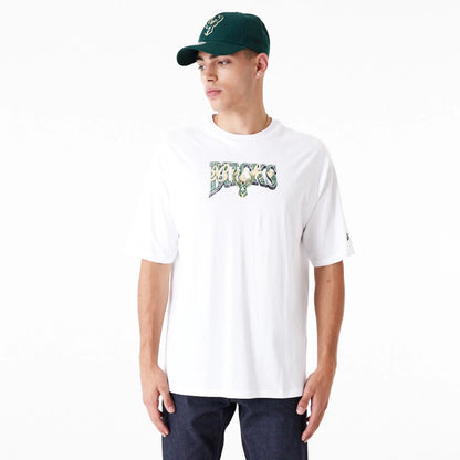 The Male model is wearing Milwaukee Bucks NBA Championship White Oversized T-Shirt 1