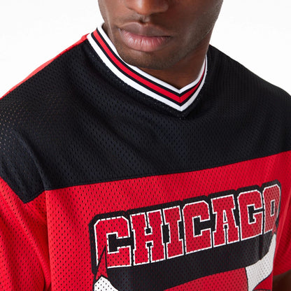 The Male model is wearing Chicago Bulls NBA Arch Graphic Jersey Red T-Shirt 4