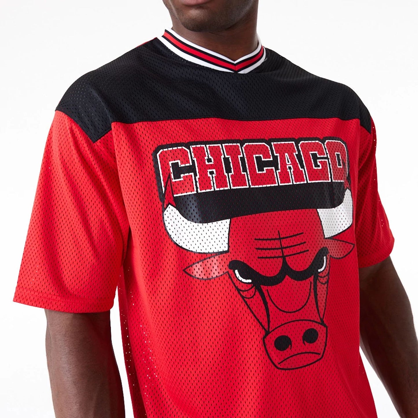 The Male model is wearing Chicago Bulls NBA Arch Graphic Jersey Red T-Shirt 7