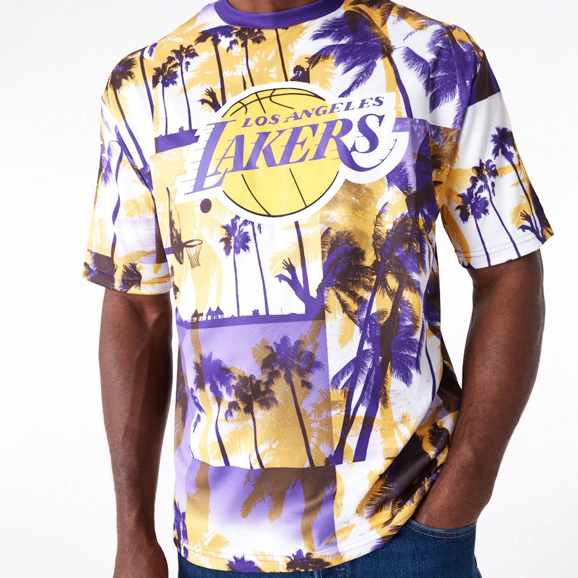 The Male model is wearing LA Lakers NBA Palm Tree Mesh Dark Yellow T-Shirt 7