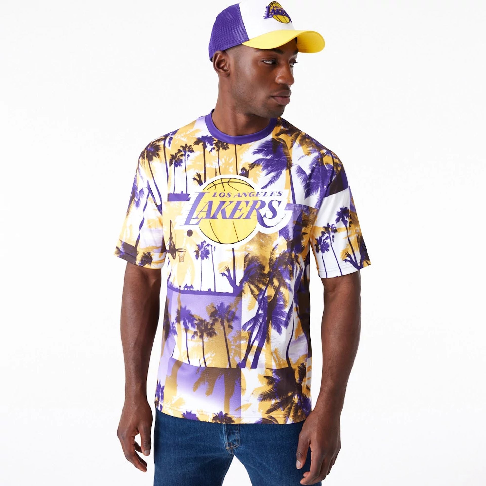 The Male model is wearing LA Lakers NBA Palm Tree Mesh Dark Yellow T-Shirt 3