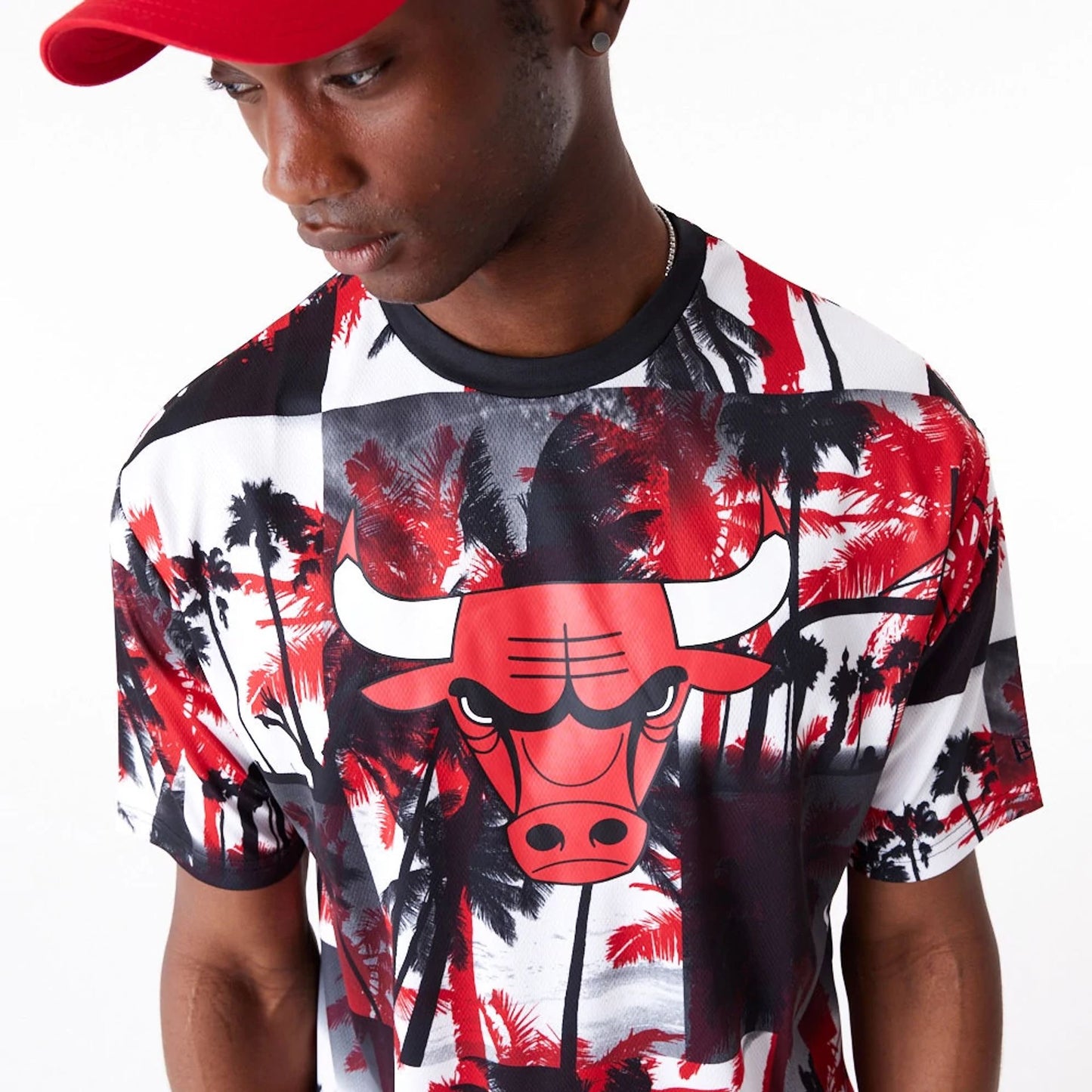 The Male model is wearing Chicago Bulls NBA Palm Tree Mesh Red T-Shirt 6