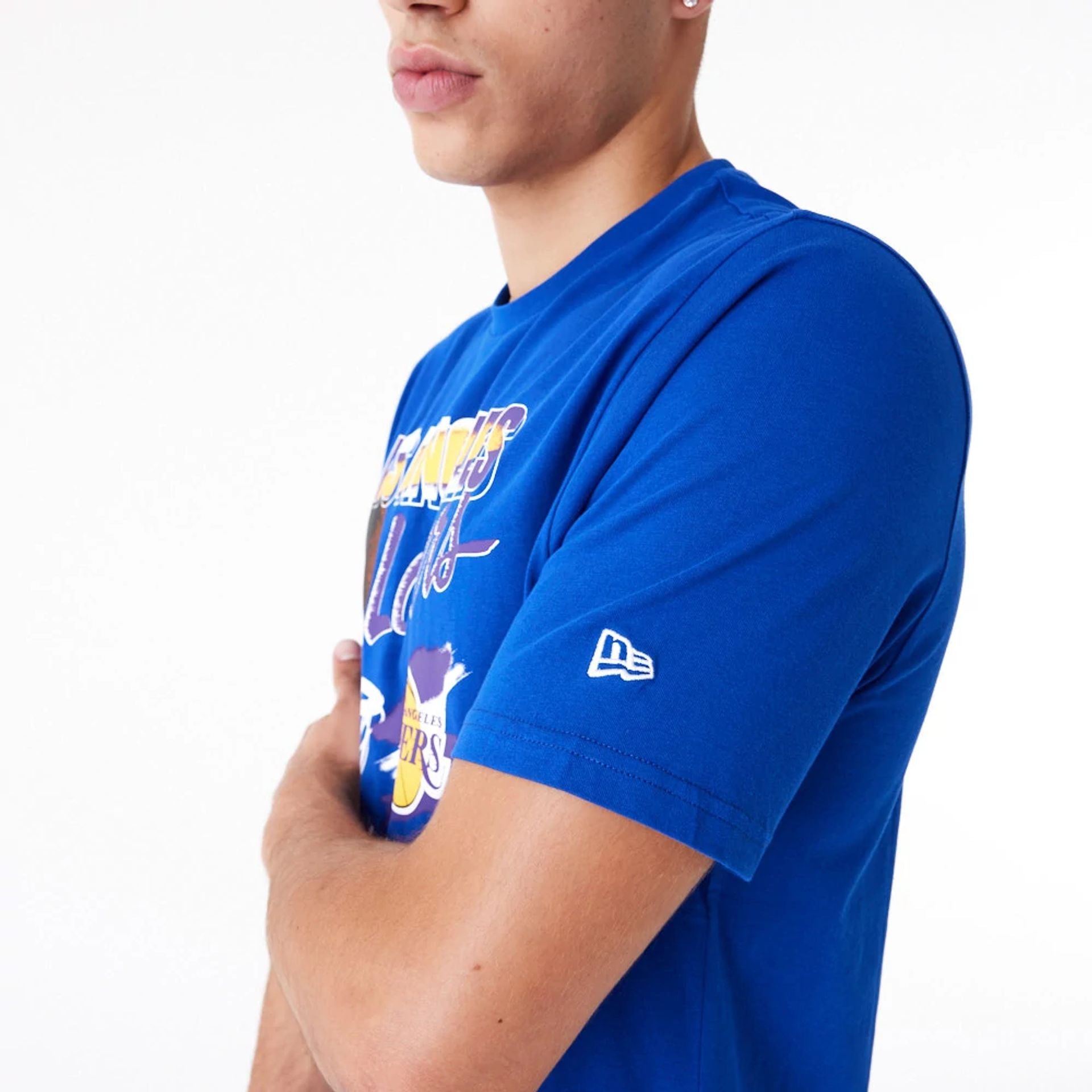 The Male model is wearing LA Lakers NBA Player Graphic Blue T-Shirt 6