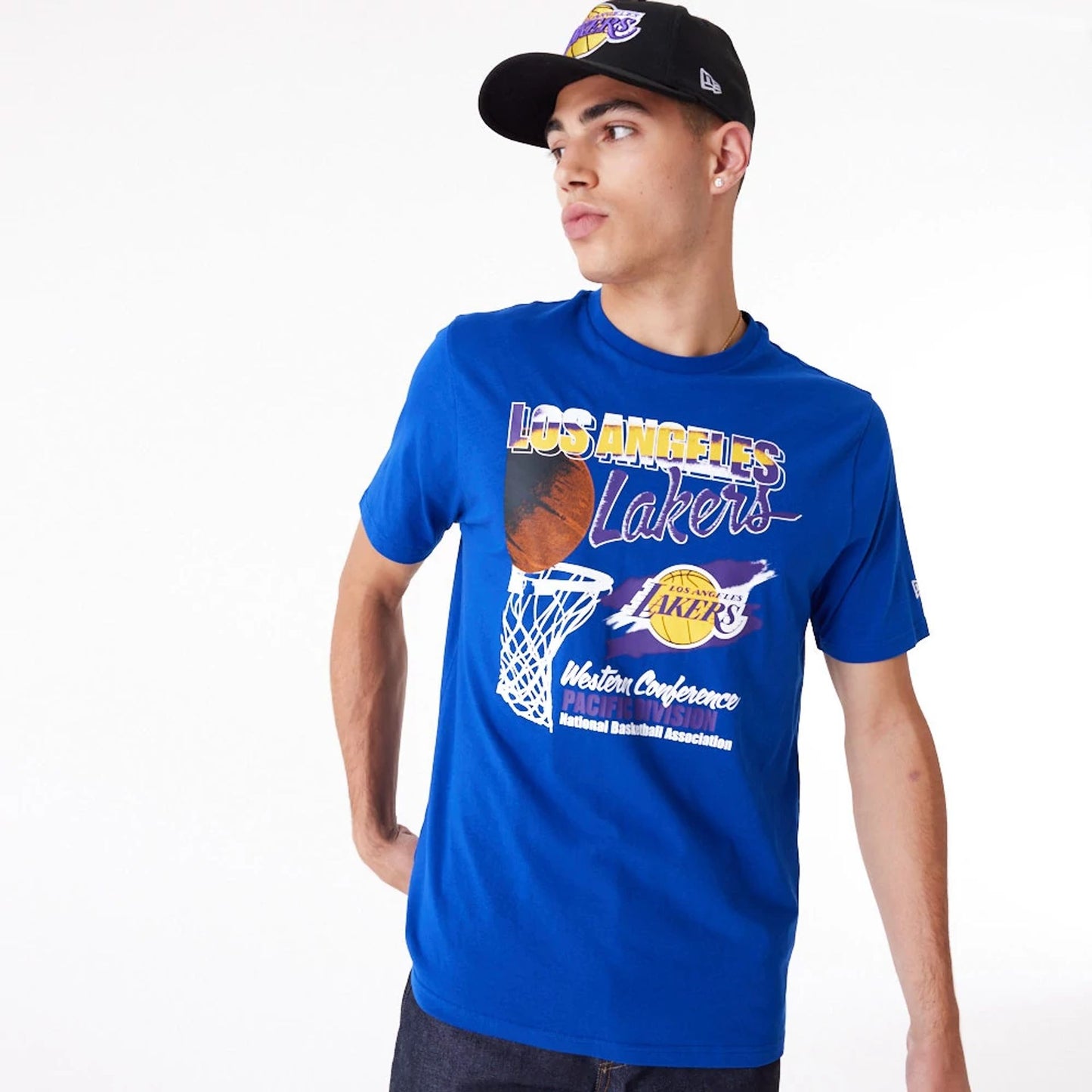 The Male model is wearing LA Lakers NBA Player Graphic Blue T-Shirt 3