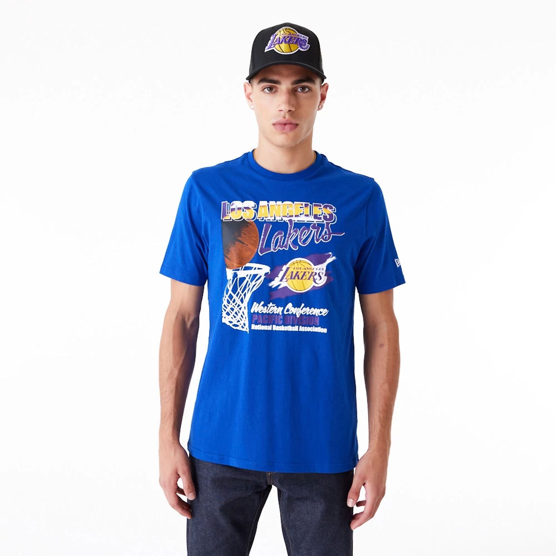 The Male model is wearing LA Lakers NBA Player Graphic Blue T-Shirt 1