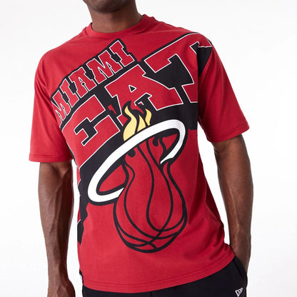 The Male model is wearing Miami Heat NBA Large Wordmark Dark Red Oversized T-Shirt 7