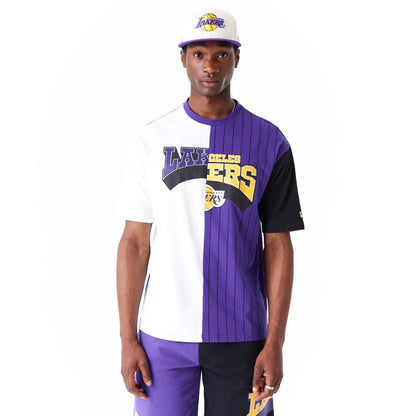 The Male model is wearing LA Lakers NBA Half Pinstripe Purple Oversized T-Shirt 1