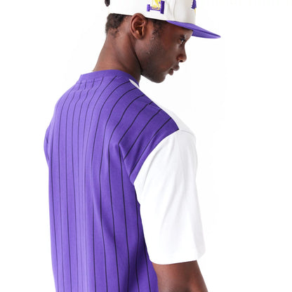 The Male model is wearing LA Lakers NBA Half Pinstripe Purple Oversized T-Shirt 5