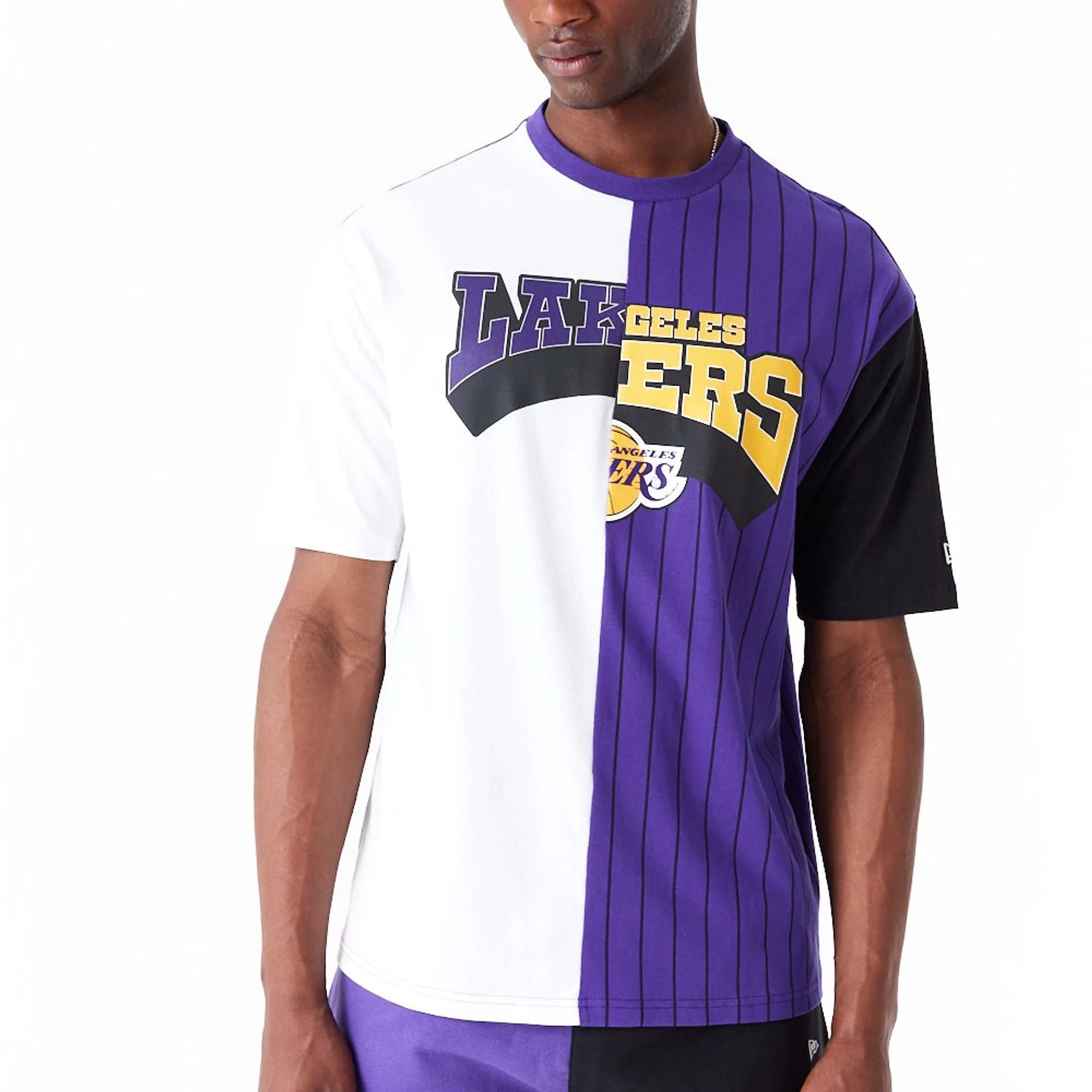 The Male model is wearing LA Lakers NBA Half Pinstripe Purple Oversized T-Shirt 3