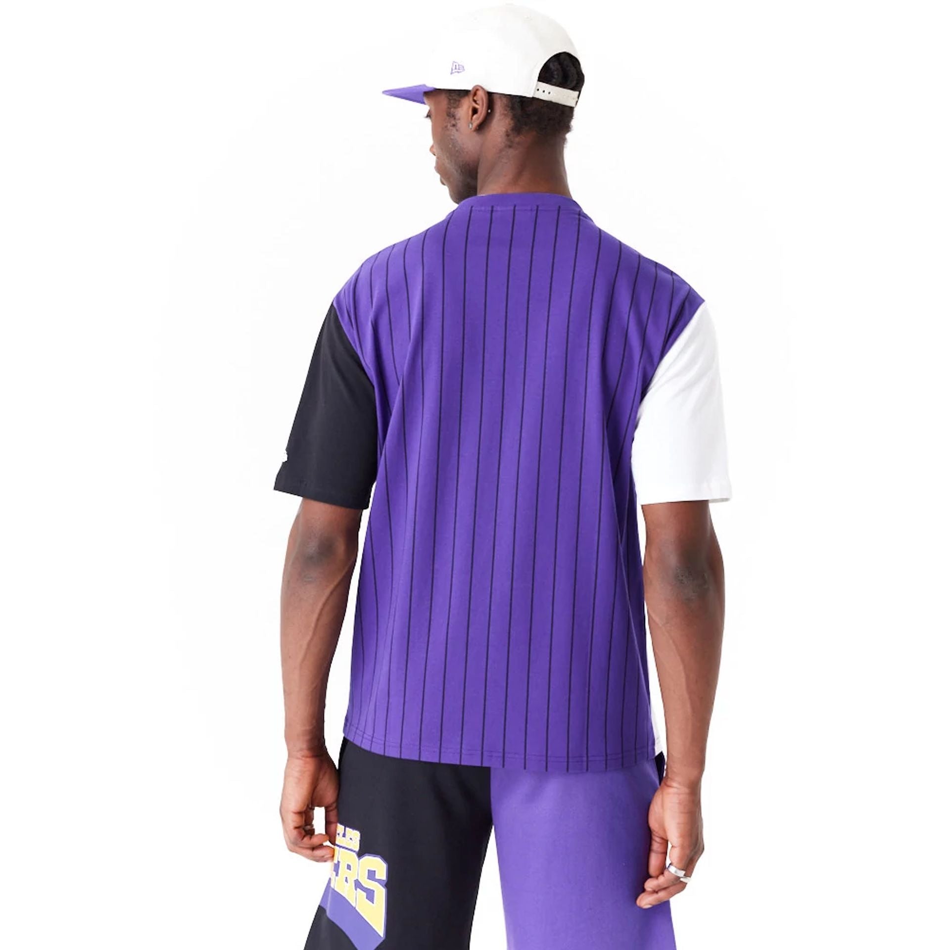 The Male model is wearing LA Lakers NBA Half Pinstripe Purple Oversized T-Shirt 6